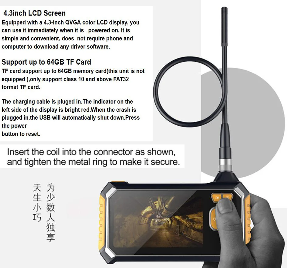 HD 1080P 4,3 дюймов Дисплей 8-миллиметровый эндоскоп с поддержкой осмотра автомобиля Камера 1/3/5/10 м эндоскопа 2600 мА/ч, литий Батарея змея жесткий Cam