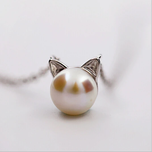 pearl sweet cat ears chain necklace women 925 Sterling silver jewelry NK043