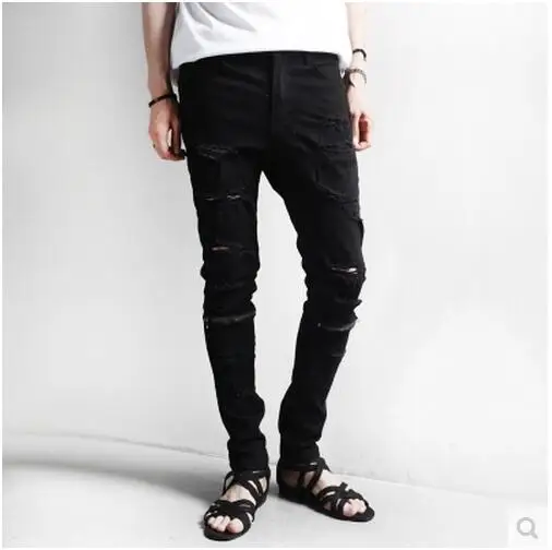 Брюшные штаны на молнии с дырками, мужские джинсы, брюки, обтягивающие брюки, мужские облегающие зауженные брюки - Цвет: Черный