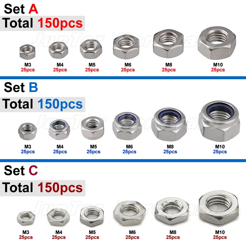 150pcs M3 M4 M5 M6 M8 M10 A2 Stainless Steel Hex Nuts Nylon Lock Nuts