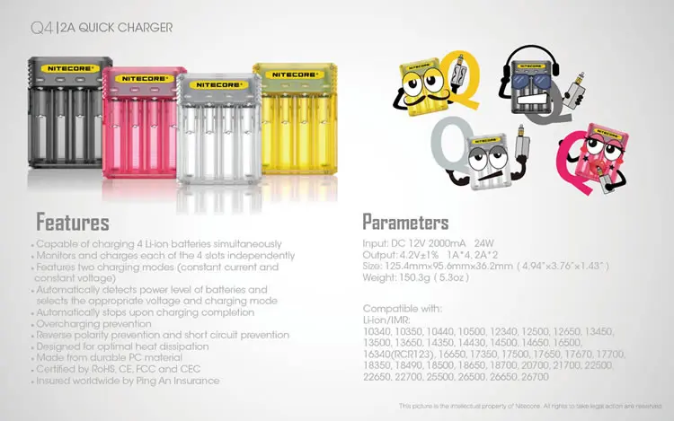 NITECORE Q4 4-Bay 4A быстрая Зарядное устройство для батарей Li-Ion (литий-ионных батарей IMR-гидридных и никель-кадмиевых типов аккумуляторов CR123A 16340