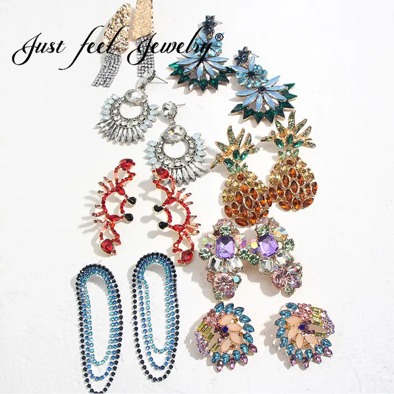 

JUST FEEL Fashion Crystal Dangle Earrings 2019 Fruit Pineapple Flower Crab Animal Statement Earrings For Women Wedding Jewelry