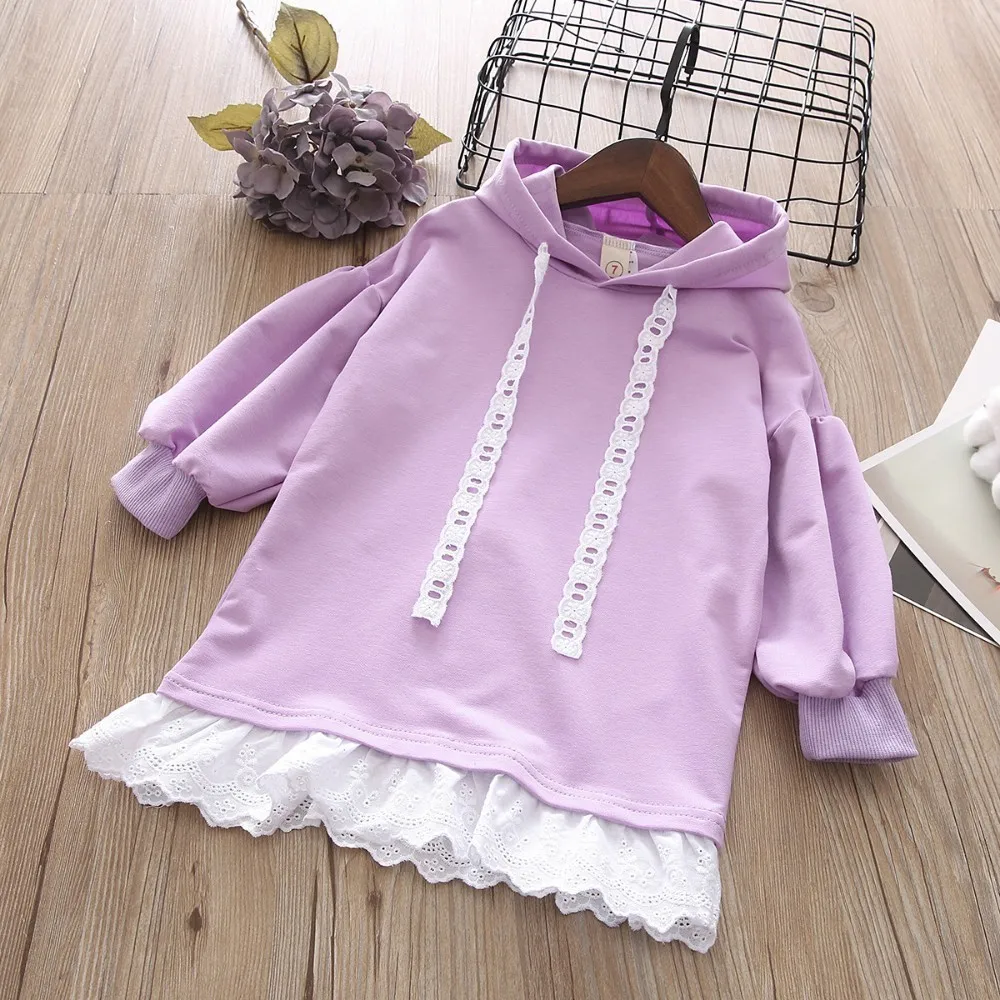 

Girls Sweatshirt Dress Baby Girl Sweat Long Sleeve Cotton Sweatshirt Tops Children Clothes Kids Lace Patchwork Clothing