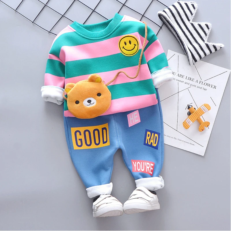 HYLKIDHUOSE طفلة الصبي مجموعة ملابس الربيع الخريف الرضع الملابس الدعاوى أفخم شريط مبتسم الوجه قمم السراويل الطفل زي