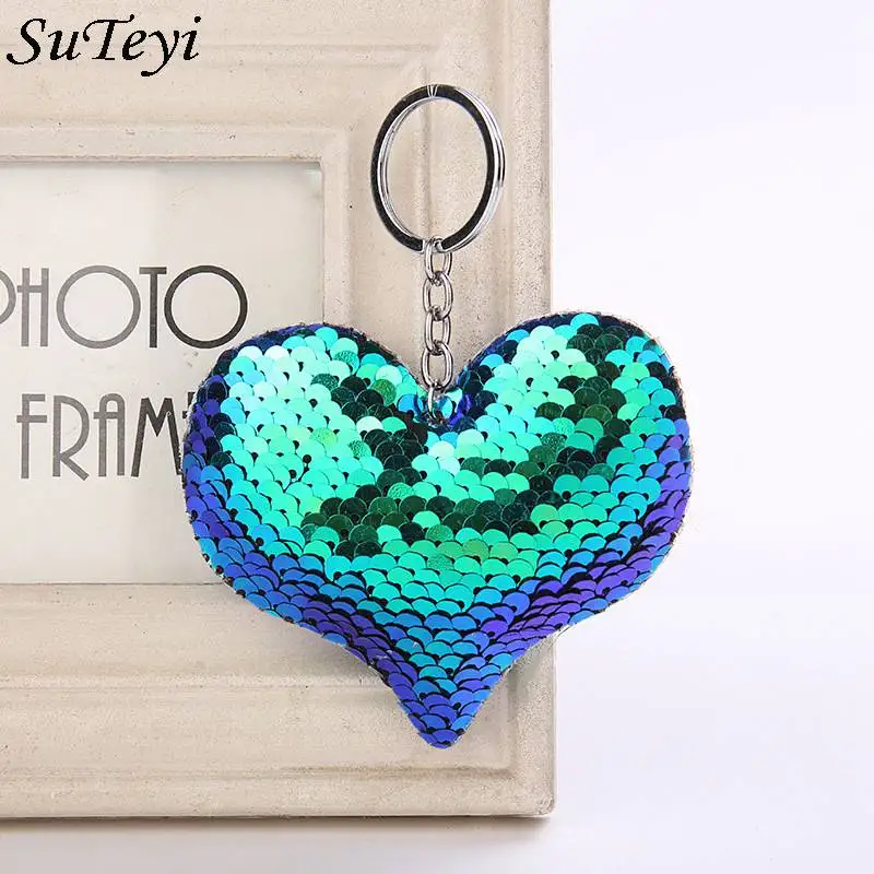 

SUTEYI New Arrival Charm Women Heart Keychain Glitter Sequins Key Ring For Women Handbag Purse Pendants Key Chain Holder