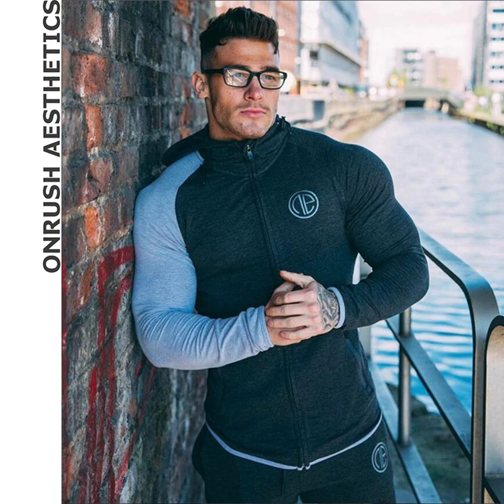 

OA Hot Sale Men's Fitness Patchwork Hooded Sweatshirts Bodybuilding Casual Embroidered Cotton Slim Zipper Cardigan Tracksuit Top