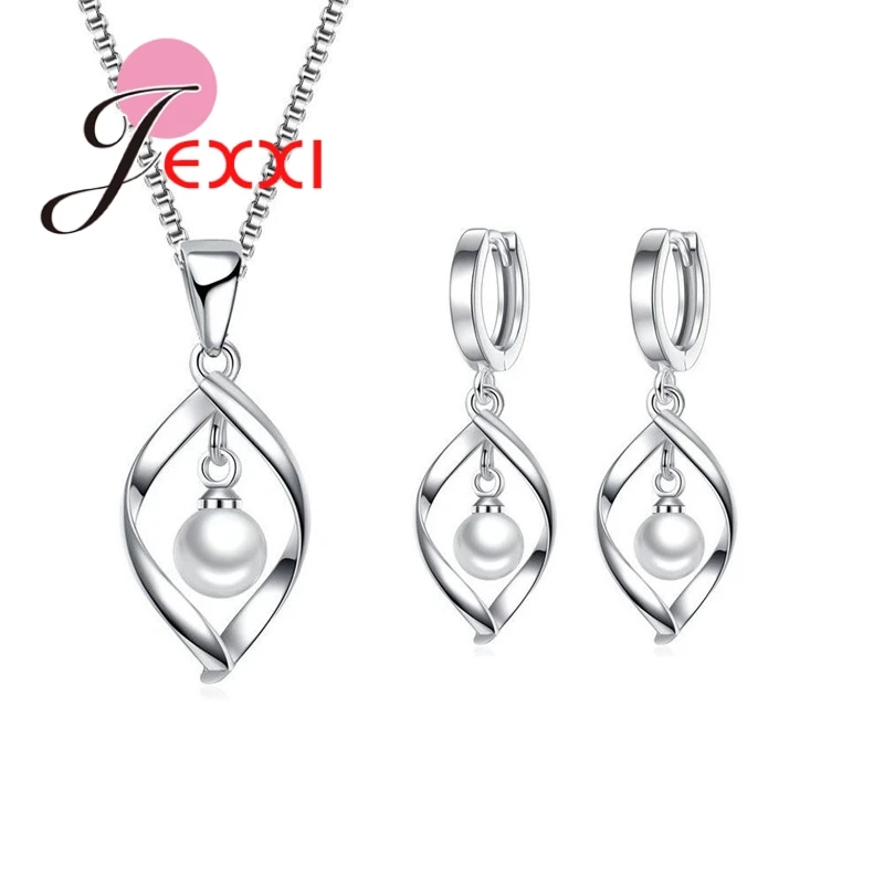 

New Arrival Unique Design White Pearl Elegant Party 925 Sterling Silver Necklace Drop Earring Great Women Jewelry Sets