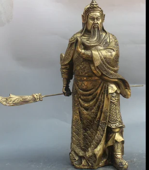 

zhmui88002814<+16" Chinese Folk Brass Stand General Guan Gong Yu Warrior God Statue Sculpture