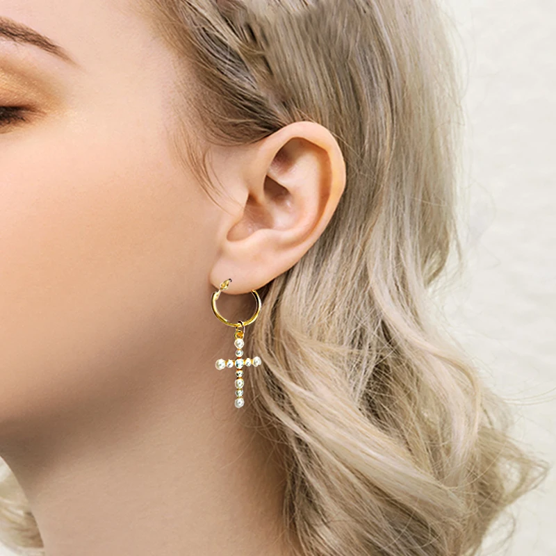 

2019 New Arrival 1Pair Fashion Jewelry Imitation Pearl Dangle Golden Cross Unique Women Wedding Drop Earrings High Quality