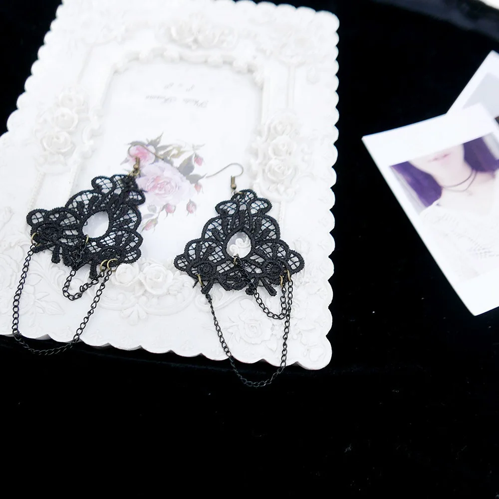 

1 PAIR Lolita Black Chain Drop Floral Lace Dangle Earrings Handmade Gothic Jewelry for Women 1006