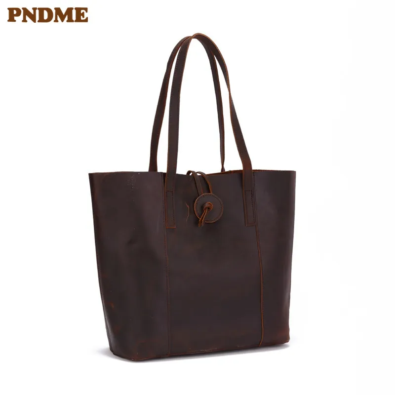 

PNDME simple vintage high quality crazy horse cowhide men's women's tote bag casual genuine leather ladies handbag shopping bag