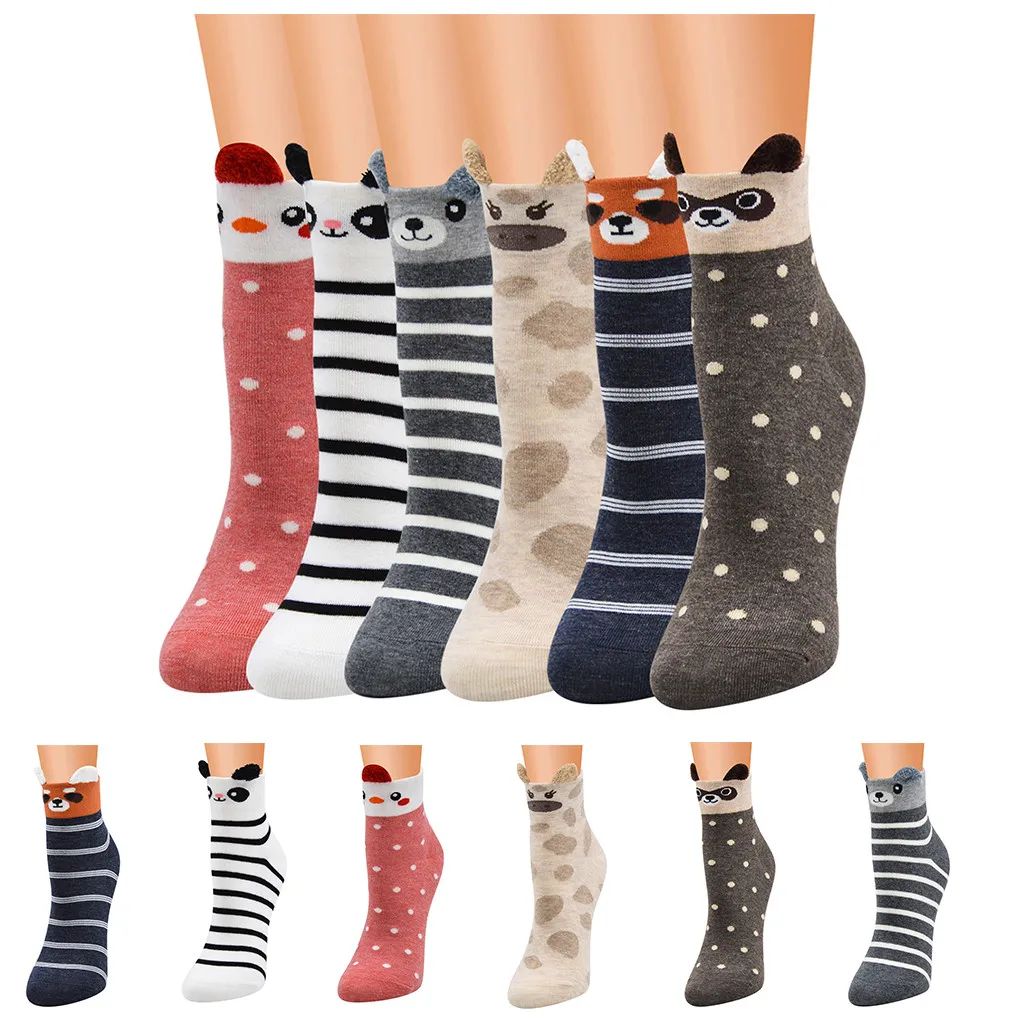 Perimedes/6 пар, женские футбольные носки с принтом для девочек, женские милые носки в полоску с животными, милые Дышащие носки,# y30 - Цвет: Бежевый