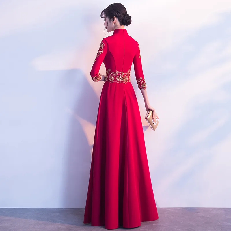 Китайский стиль Вечеринка платья для женщин для Винтаж Аппликации воротник стойка длинное платье Красный Ретро Новый год Vestidos 2019