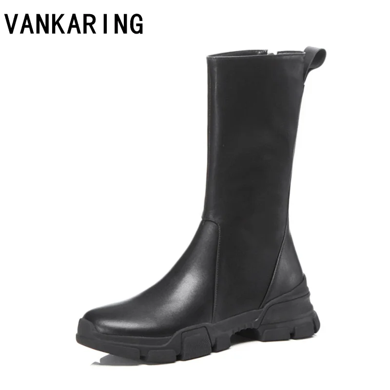 

VANKARING winter boots women thick heels wedge ankle boots for women female zip round toe short boots warm shoes ladies footwear