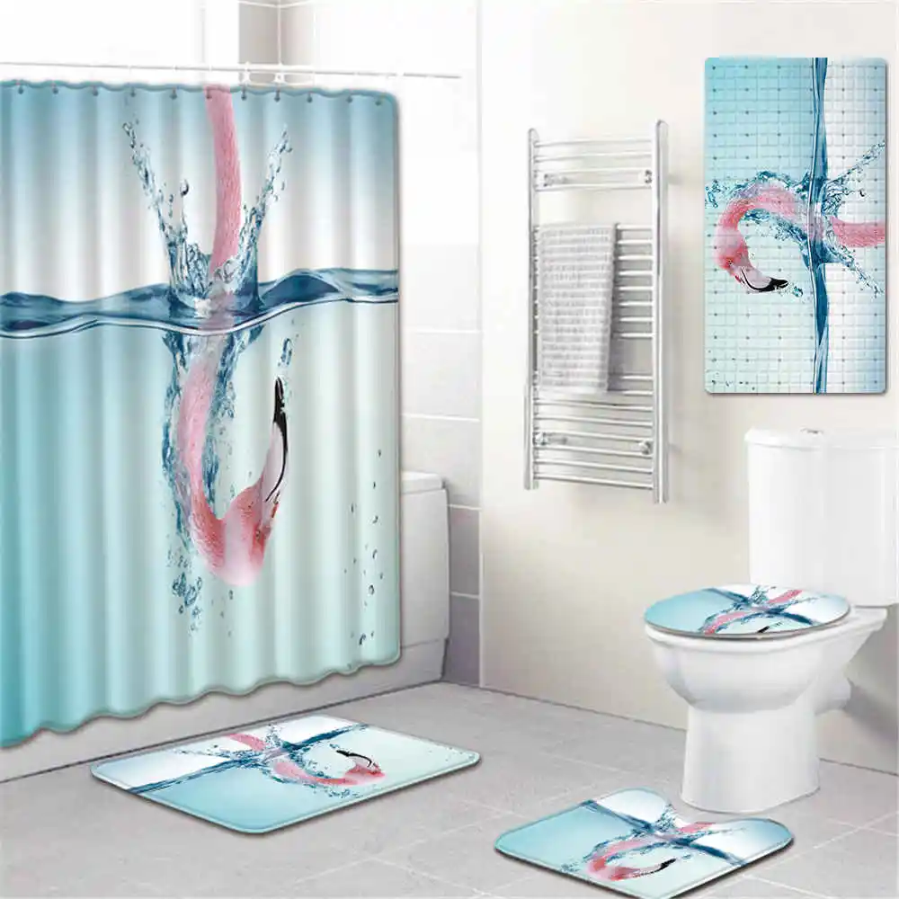 5 шт./компл. 3D Фламинго набивным рисунком душ Шторы ковер крышка Крышка для унитаза, коврик для ванной, набор Ванная комната Шторы s - Цвет: No-1