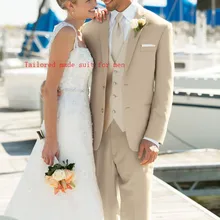 Новое поступление Прохладный сшитое лацканы бежевый смокинг жениха/Нарядные Костюмы для свадьбы для Для мужчин костюмы bestman promsuit(куртка+ брюки+ жилет+ галстук