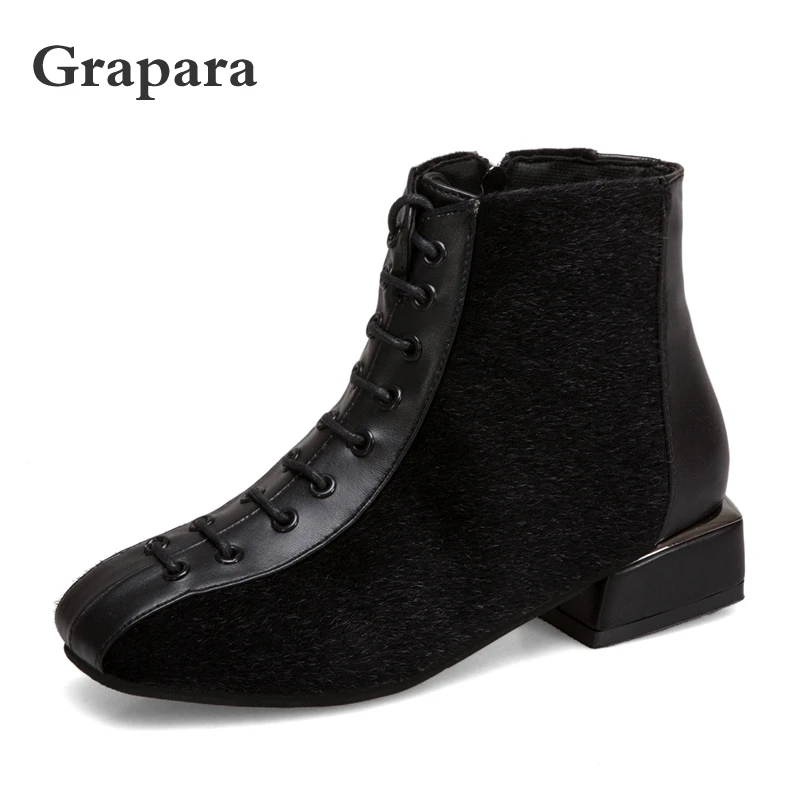 

New Leather Ankle Boots Women Shoes Woman Plus Size Plush Women Boots Fashion Lace Up Low Heels Winter Boots Botas Mujer Grapara