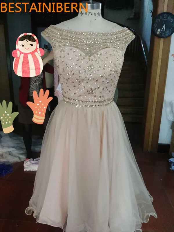 2017 Champagne Sparkly Short Prom Cocktail Dresses Cute Beaded A line