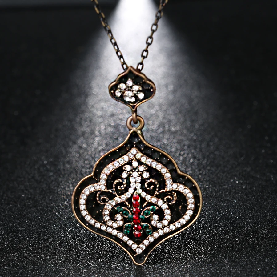 Горячая мода, винтажная Турецкая бижутерия, ожерелье для женщин золотого цвета в античном стиле, колье в богемном стиле, черная эмалированная смола, ожерелье с кулоном