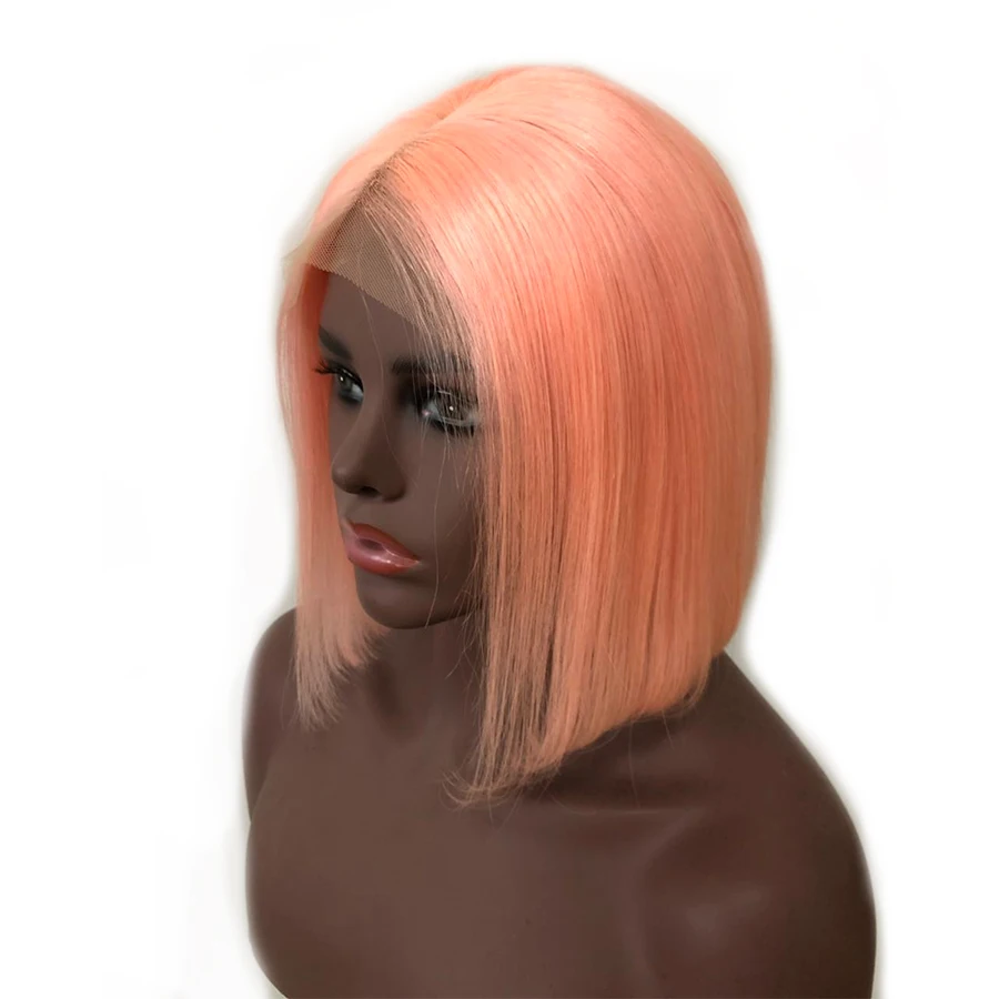 

Lace Front Human Hair Wigs Pink Color Short Cut Bob Style Brazilian Straight Human Hair Wigs 130% Density