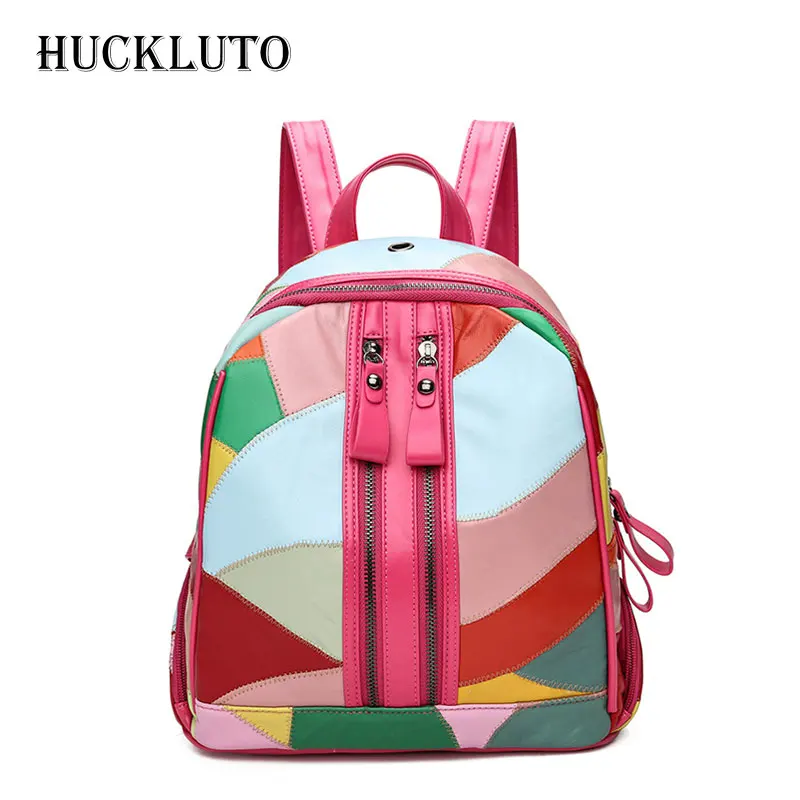 

HuckLuto Brand 2019 New Promotion Sale Korean Fashion Casual Black Patchwork Travel Small Backpack Leather Ladies Backpack