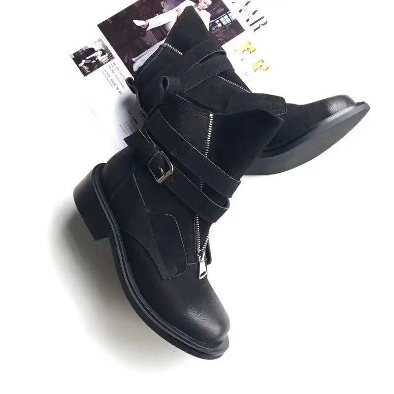 

JUNBIE New Genuine Leather Buckle Strap Women Ankle Boots Round Toe Low Heel Street Style Autumn Winter Boots Shoes Women