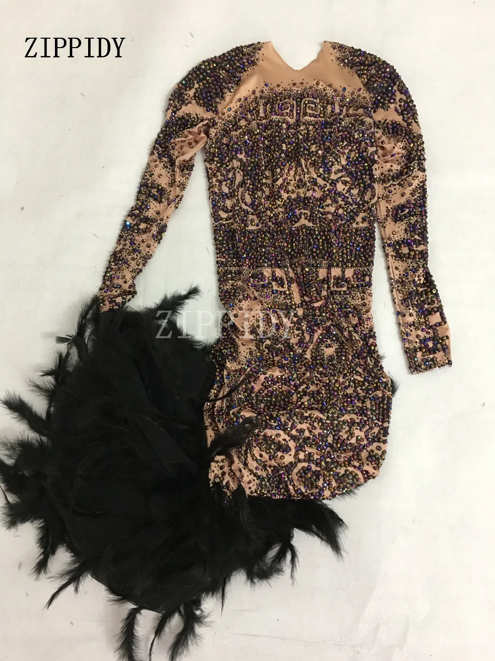 Блестящее разноцветное Черное длинное платье со стразами и перьями, украшенное камнями, платье с большим хвостом, костюм для выпускного вечера, день рождения, празднование