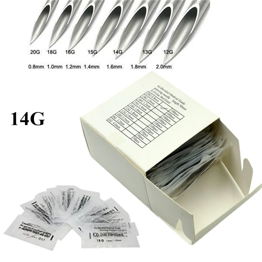 100pcs/Box 14G Disposable Body Sterile Steel Piercing Needles Assorted