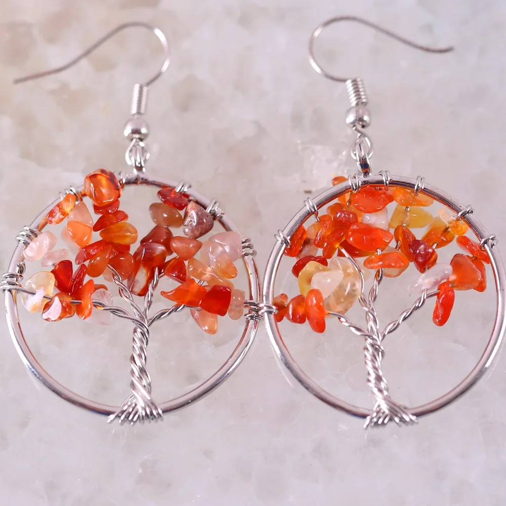 

Tree of life - Natural Stone Irregular Chip Beads Orange Red Onyx Zinc Alloy Wire Wrap Round Earrings 1Pair U372