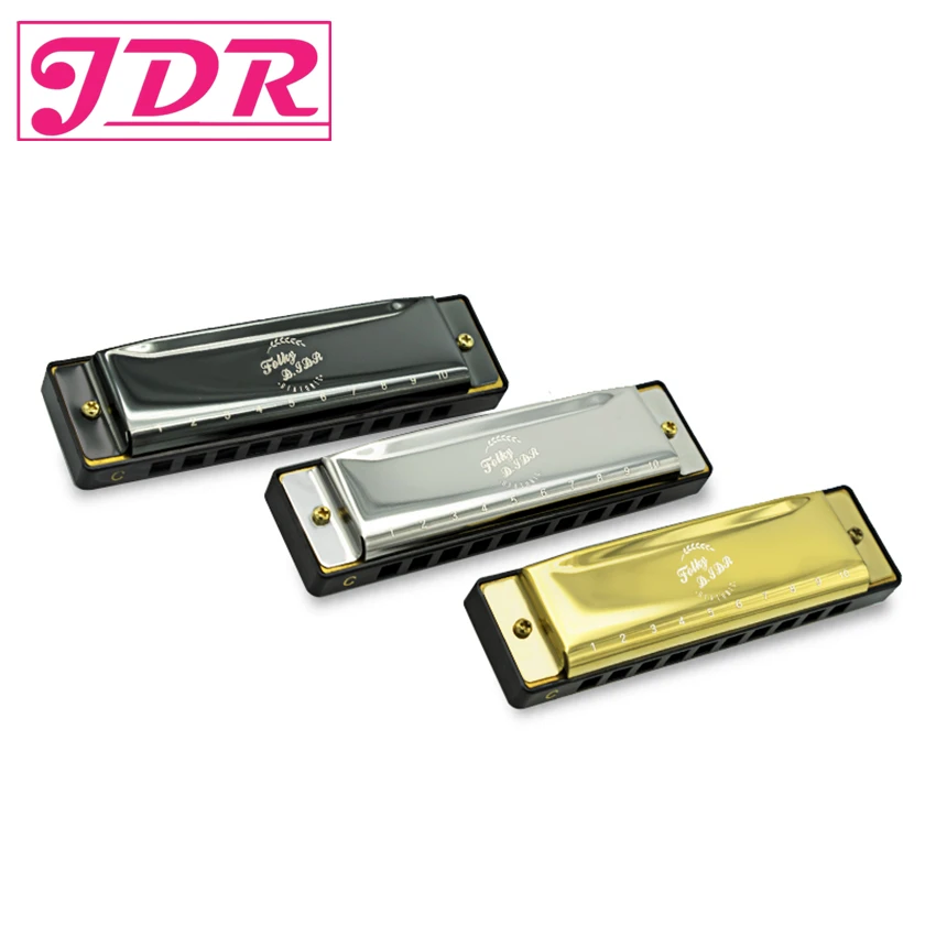 

JDR Black Gold Colors Blues Harmonica 10 Holes Key of C New Diatonic Harp for Blues Rock Jazz Folk Harmonicas Musical Instrument