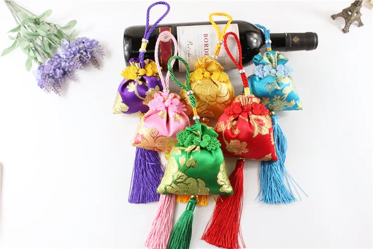 Tassel Chinese Style Hanging Charm Silk Brocade Bag Drawstring Empty Tea Bag Sachet Craft