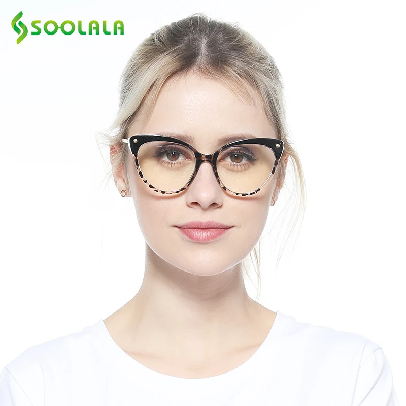 Online SOOLALA TR90 gafas de lectura tipo ojo de gato con Anti luz azul mujeres Semi Montura presbiopic gafas de lectura protección ordenador