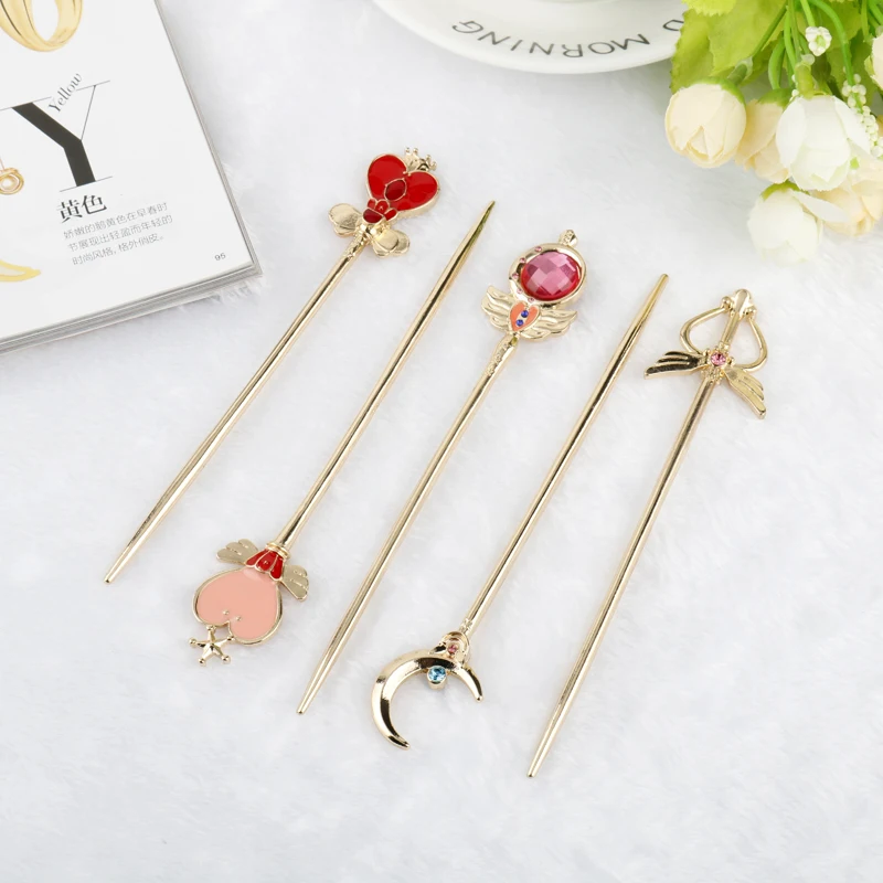 

Cute Sailor Moon Hair Clasp Hairpin Moon Heart Hair clip Kanzashi Geisha Costume Accessories kimono magic wand Girl Hair Dress