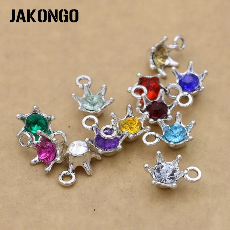 

JAKONGO Silver Plated Colorful Crystal Crown Charms Pendants for Jewelry Accessories Making Bracelet Findings 11mm 12pcs/lot