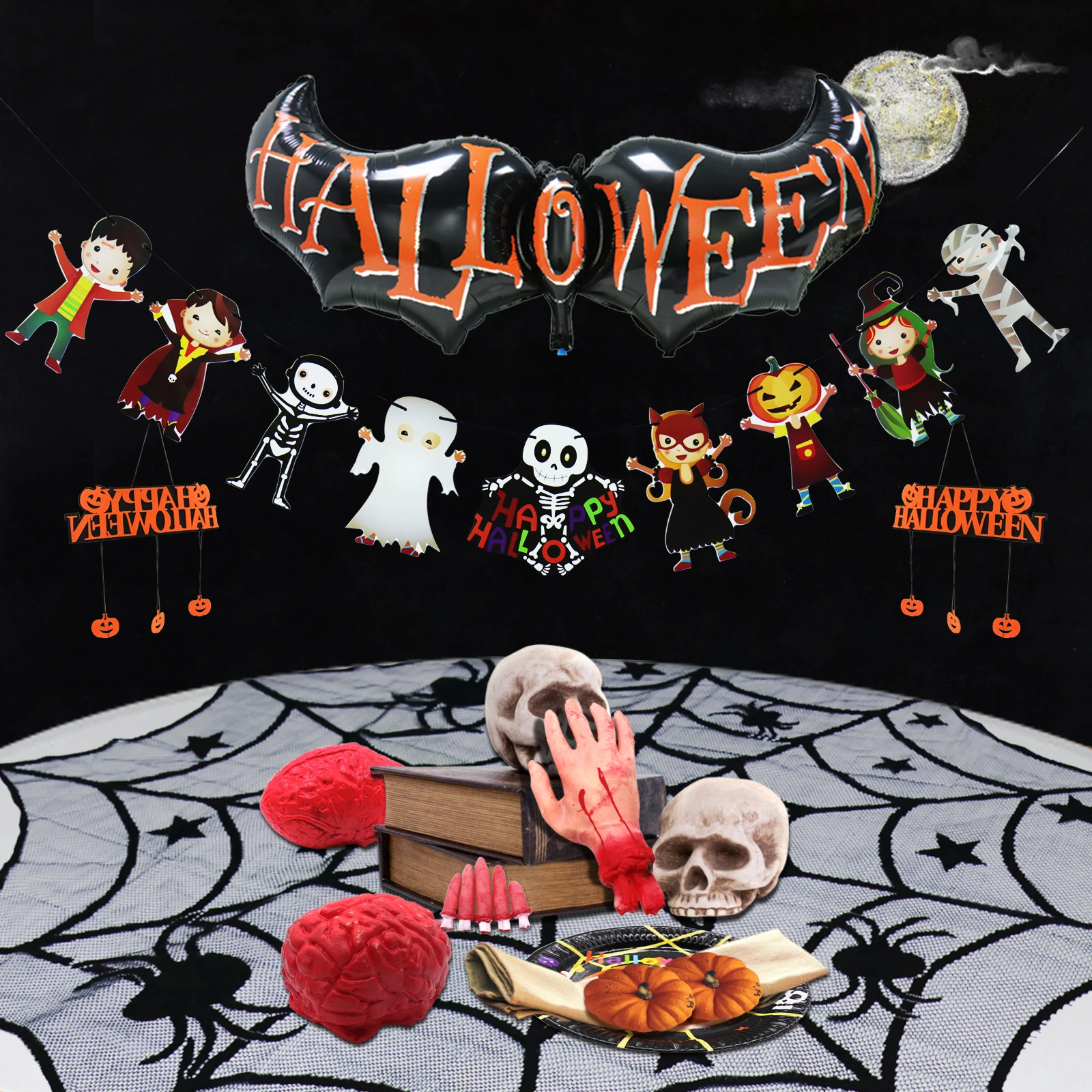 

Halloween Horror Clown Mask Ghost Spider Web Table Runner Photo Props Skeleton Hand Pumpkin Light String For Halloween Party