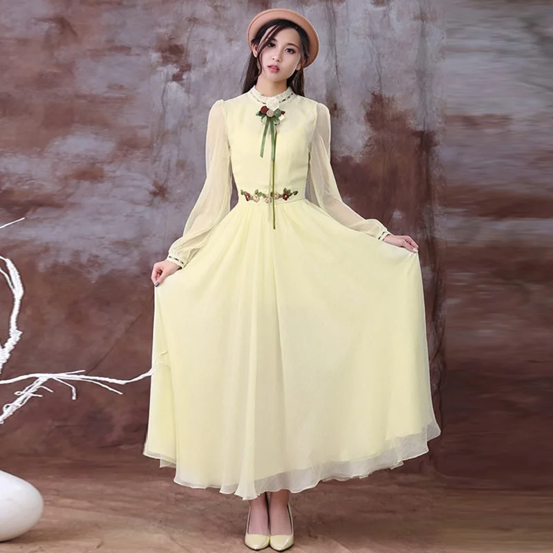 Spring Women White/Yellow Dress/Vestidos Vintage Elegant Long sleeve