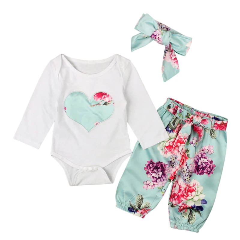 Buy 3PCS Set Baby Girls Clothes Romper Spring Autumn Toddler Heart Embroidery Tops+ Floral Pant Outfits Children Girl Clothing Set