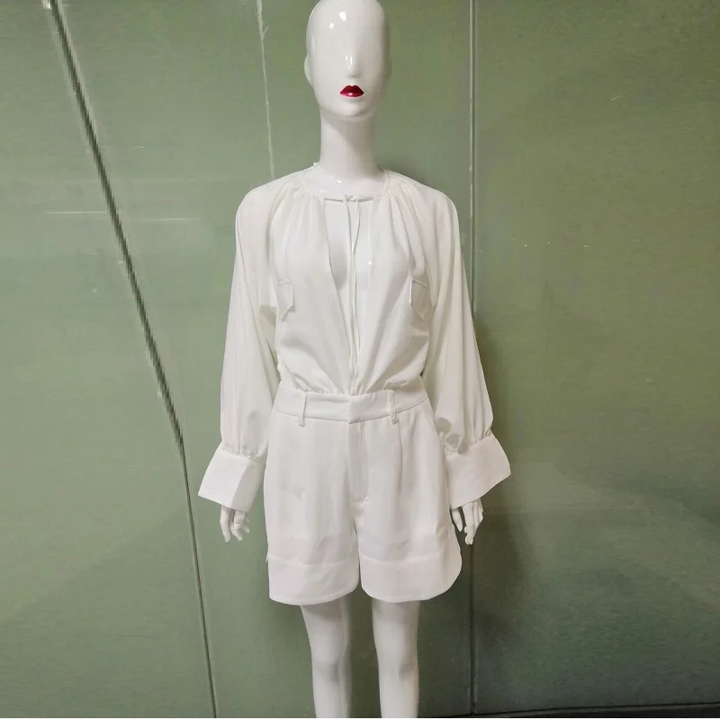 Женские белые шифоновые Свободные Комбинезоны с длинными рукавами, повседневный летний модный однотонный клубный костюм для вечеринки
