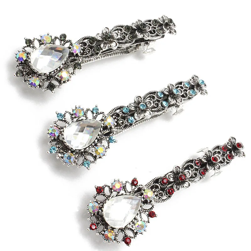 Fancy Antique Silver Barrette Rhinestones Hair Clip Women Vintage Hair