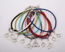 Hot 50pcs Harry Potter Deathly Hallows Charms Pendants Mixed Color Braided Rope Bracelets Fashion Jewelry DIY For Women&Men F729 deathly hallows wax seals s logo harry potter multi color brass stamp