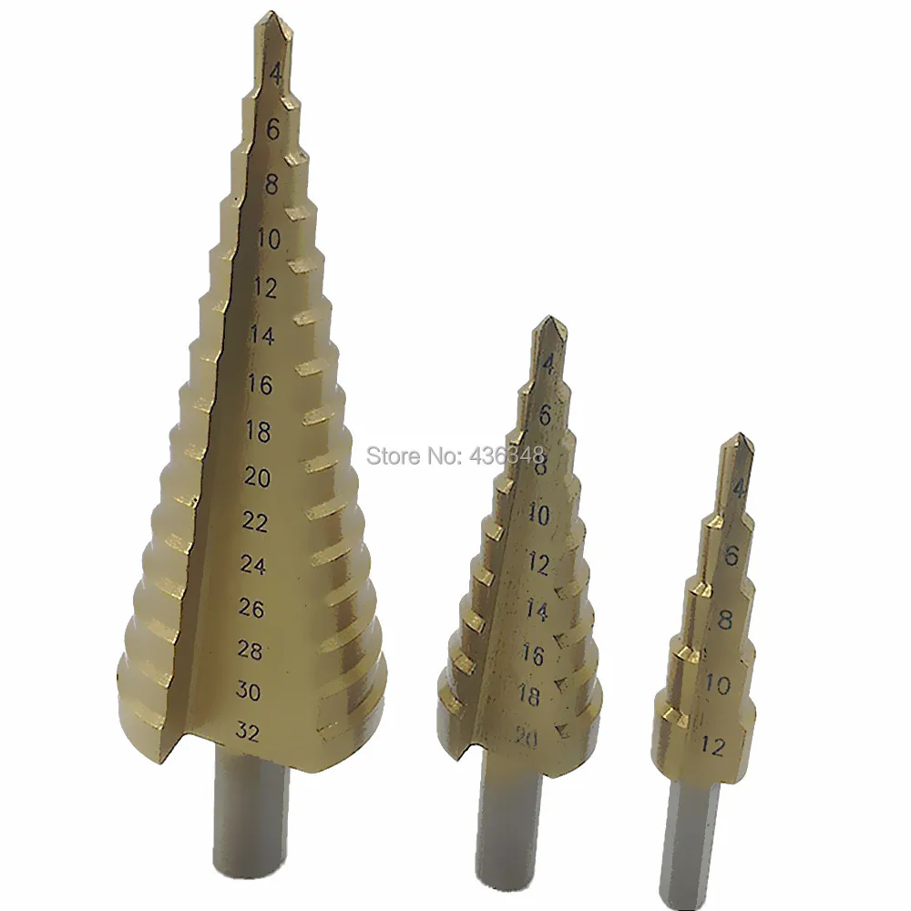 3pcs Hss Step Cone Drill Titanium Coated Hole Cutter Bit Set 4-12mm 4-20mm&4-32mm High Speed Steel Reamer Metal Step Drill Bit 3pcs Hss Step Cone Drill Titanium Coated Hole Cutter Bit Set 4-12mm 4-20mm&4-32mm High Speed Steel Reamer Metal Step Drill Bit