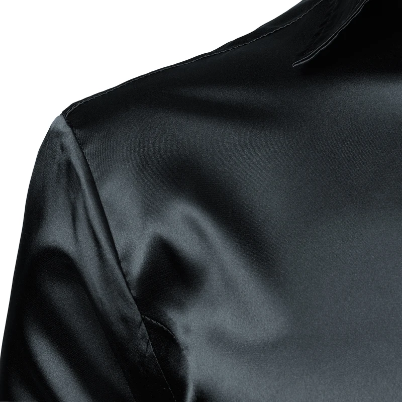Mens Shinny Silk Like Satin Luxury Dress Shirts Men Wedding Prom Tuxedo Male Casual Shirt Camisa Masculina Black silk shirt,men glitter shirt