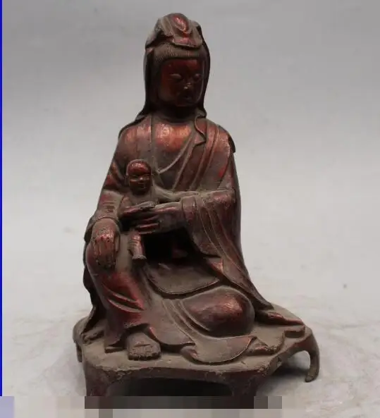 

S06469 9" Chinese Buddhism Bronze Seat Kwan-yin Guan Yin Goddess Sent Boy Son Statue discount 30% (C0324)