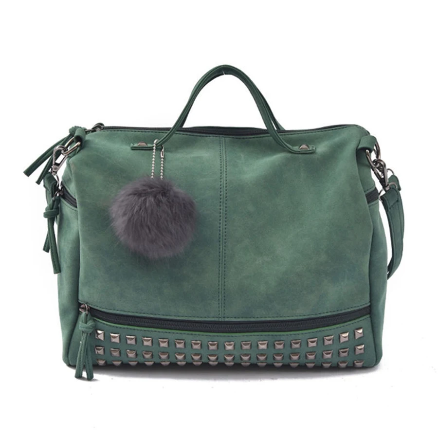 

Luxury Scrub Women Handbag Hair Ball Rivet Female Shoulder Messenger Bag Retro Large Capacity Handbag Motorcycle Bag Travel Bags