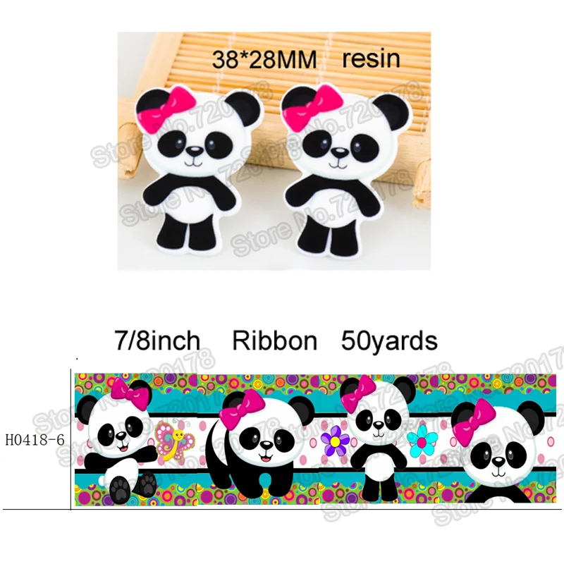 Buy printed cartoon panda grosgrain ribbon and resin sets 7/8inch 50yard ribbon