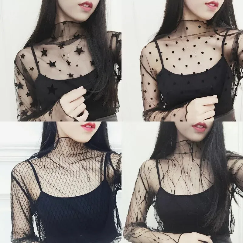 

Ruoru Women Sexy Harajuku Mesh Tops Net See Through T Shirt Transparent Undershirt Star Base Top Camisas Femininas Clubwear