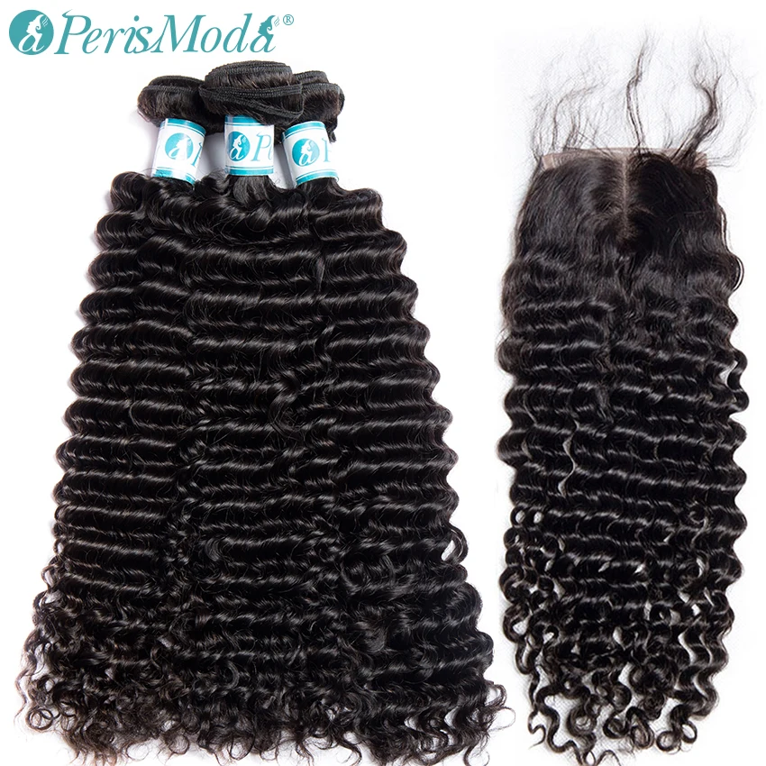 

PerisModa Hair Deep Wave Bundles With Closure Brazilian Hair Weave Bundles 8"-28" Remy Human Hair 4 / 3 Bundle With Lace Closure