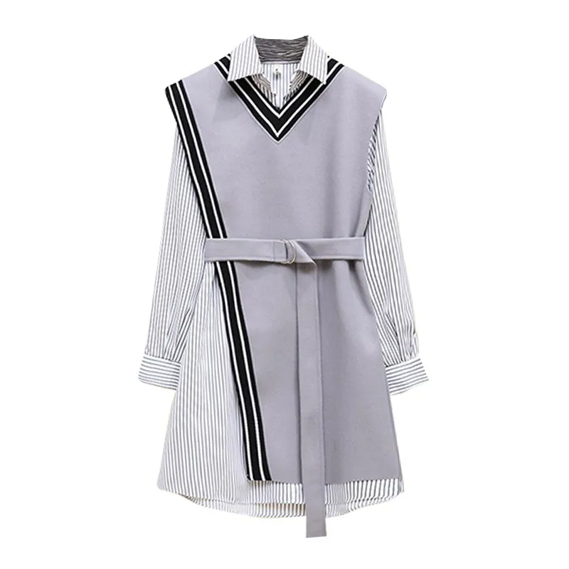 

PERHAPS U two pieces set striped shirt dress sash office lady asymmetrical elegant turn down collar autumn mini short D0902