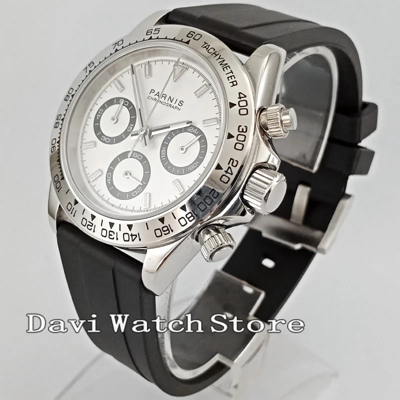 

39mm Parnis White Dial Sport Timing Speed Leather Band Mens Quartz Watch 2695