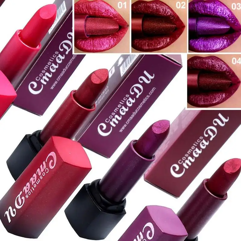 CmaaDu Moisturizing Metal Dark Red Purple Lipstick Shiny Shimmer Lip Makeup Pearlescent Lipsticks Durable Waterproof Lip Stick